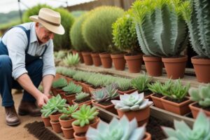 A british old farmer Covering Succulent Plants with Potting Soil